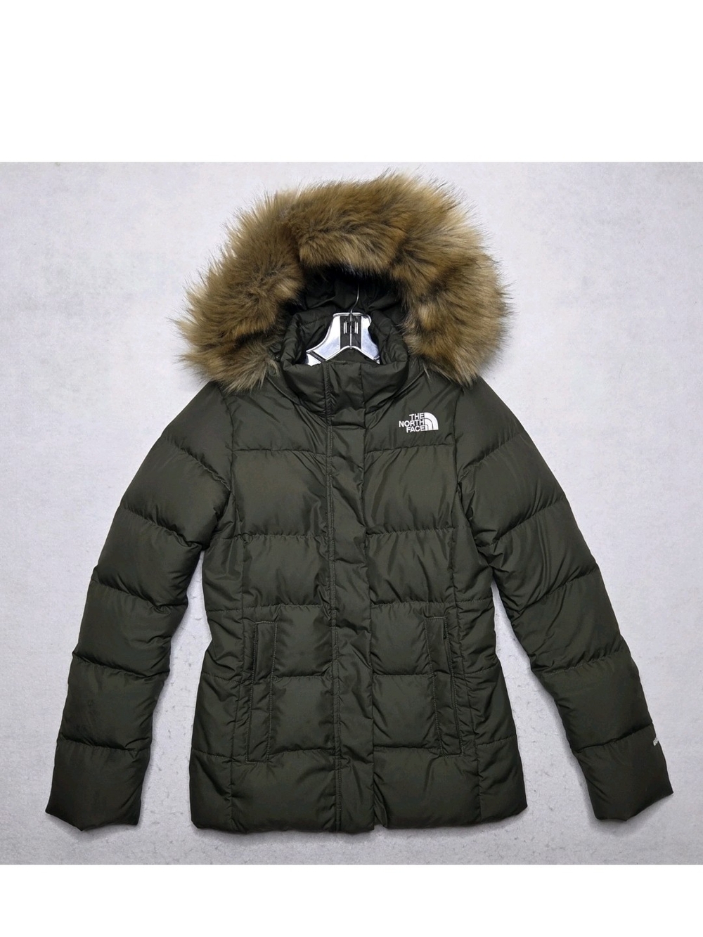 The North Face 550 Gotham Down Jacket Womens XS Faux Fur Hood Green Winter Snow
